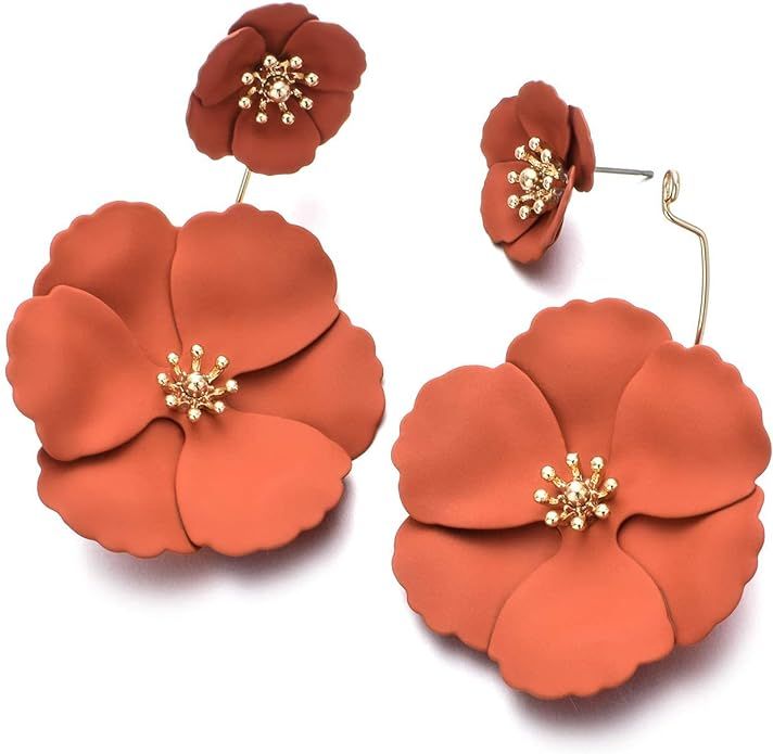 Metal Poppy Flower Dangle Earring- Matte Painted Dual Flower Floral Petal Tiered Drop for Women | Amazon (US)