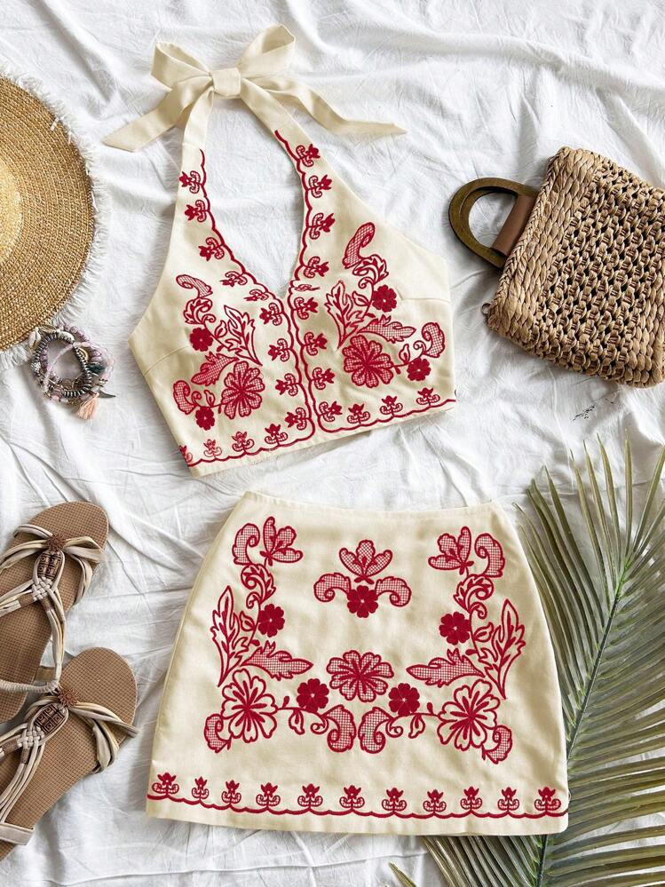 Soleia Women Summer Vacation Tie Back Floral Embroidered Halter Crop Top And A-Line Mini Skirt Su... | SHEIN
