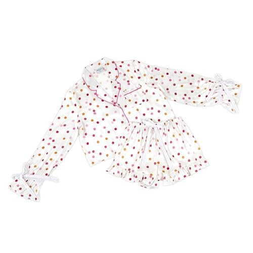 Bella Pink Confetti Polka Dot Satin Polyester Women's 2 Piece Cropped Top + Ruffled Short PJ Pajama Lounge Set with Velvet Ties Medium | Amazon (US)