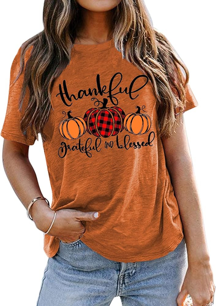 Thankful Grateful Blessed Shirts Women Thanksgiving Pumpkin T-Shirt Graphic Fall Tshirts | Amazon (US)