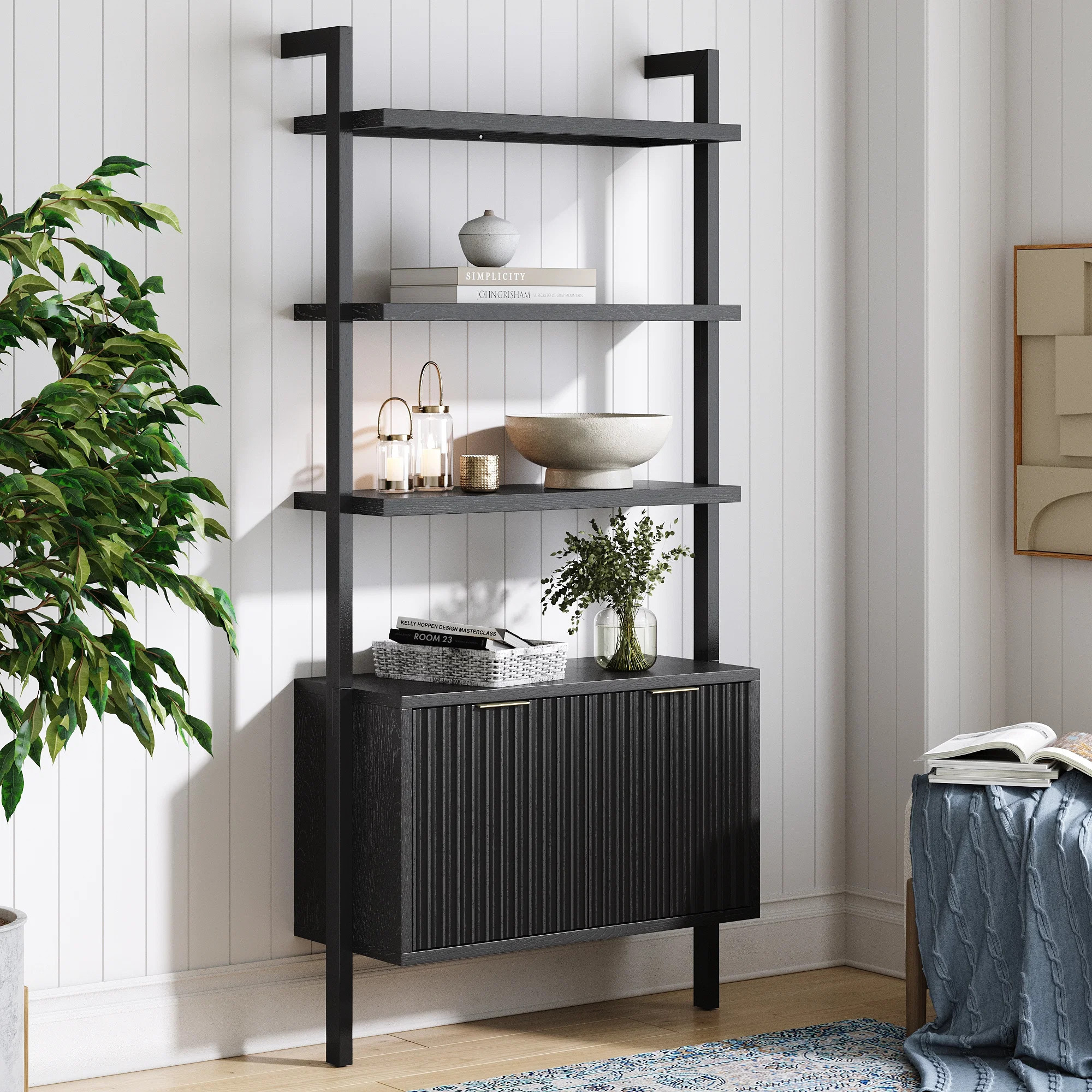 Mid-Century Fluted Wall Bookshelf with Doors Black | Nathan James