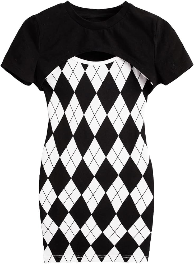 SweatyRocks Girl's 2 Piece Outfits Argyle Print Cami Mini Dress with Short Sleeve Crop Tee | Amazon (US)