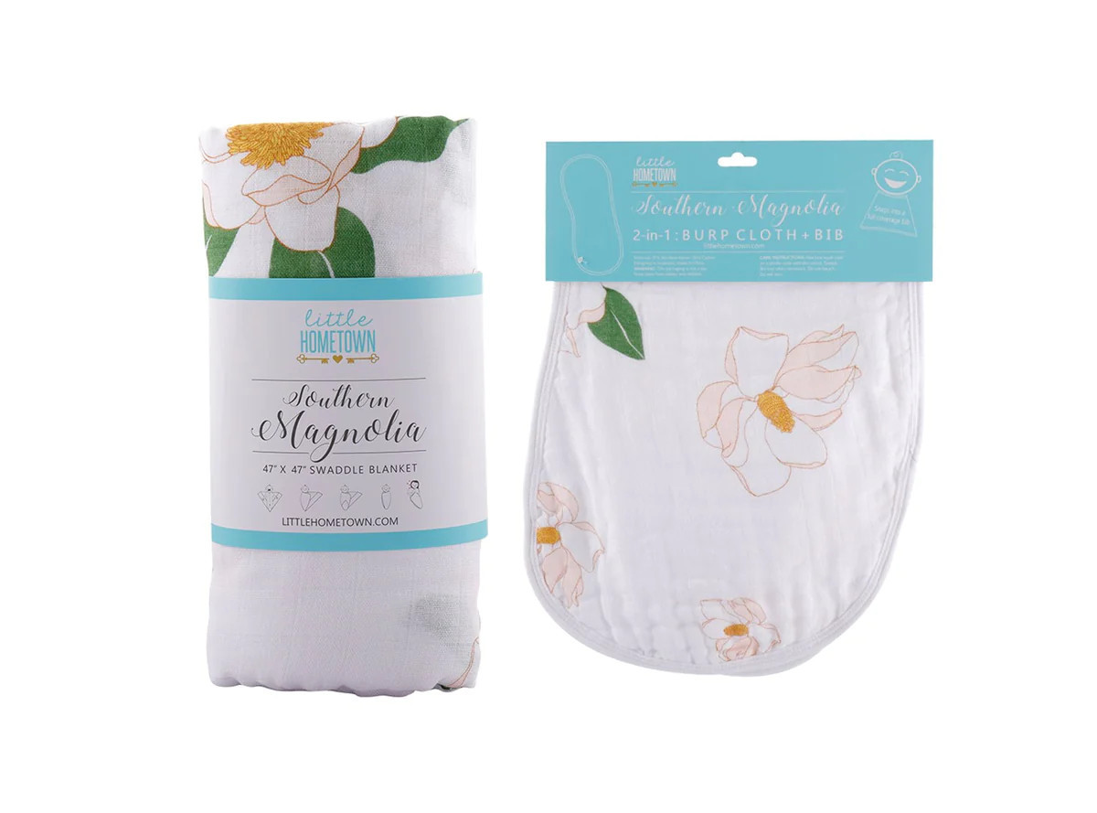 Gift Set: Southern Magnolia Baby Muslin Swaddle Blanket and Burp Cloth/Bib Combo | Little Hometown