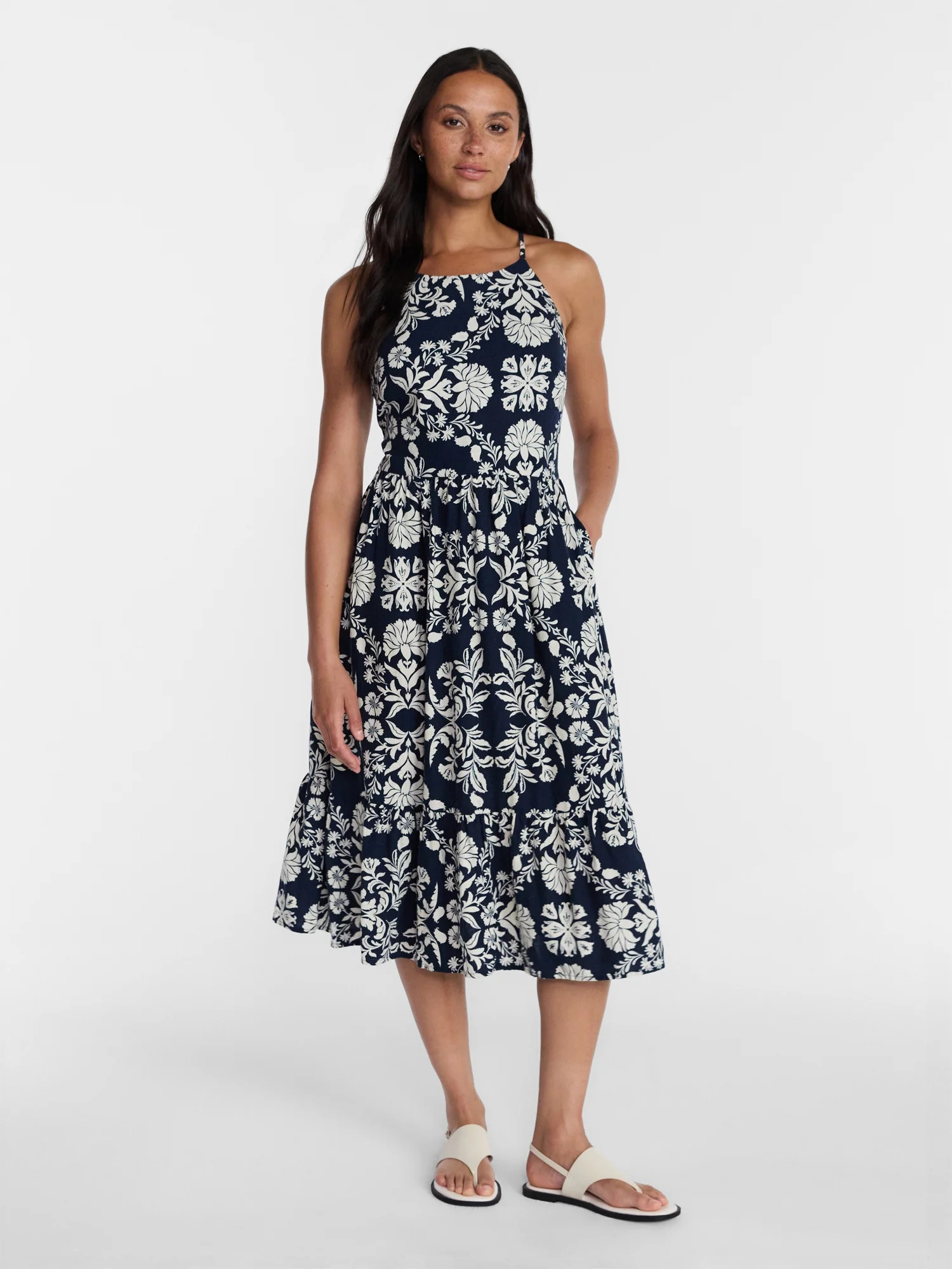 Time and Tru Women's Linen Blend Lace Up Halter Dress, Sizes XS-XXXL - Walmart.com | Walmart (US)