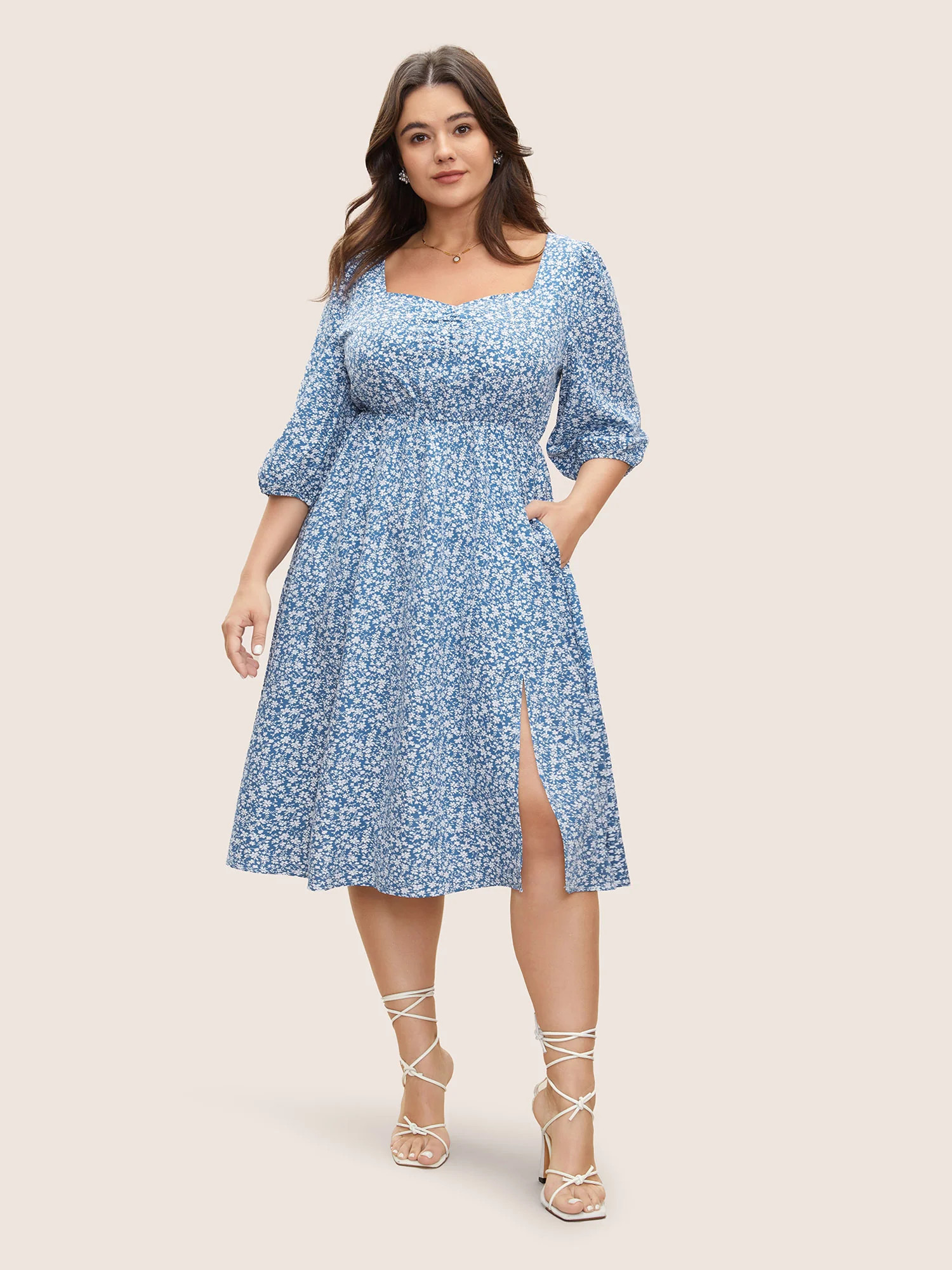 Ditsy Floral Print Square Neck Split Hem Dress | Bloomchic