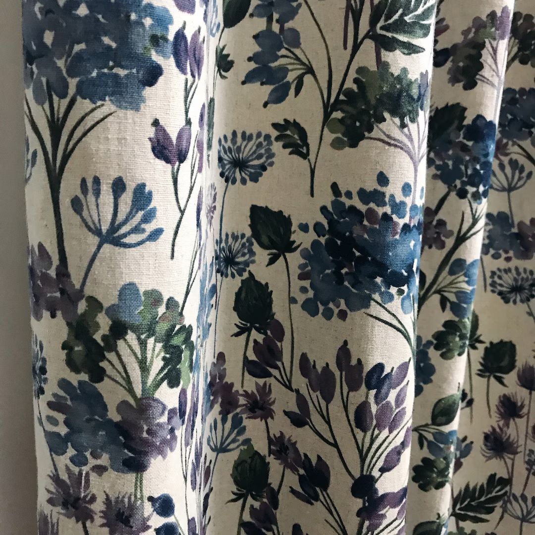 Modern Vintage Purple Blue Floral Pattern Linen Cotton Curtain Natural Beige Background Drapery P... | Etsy (US)