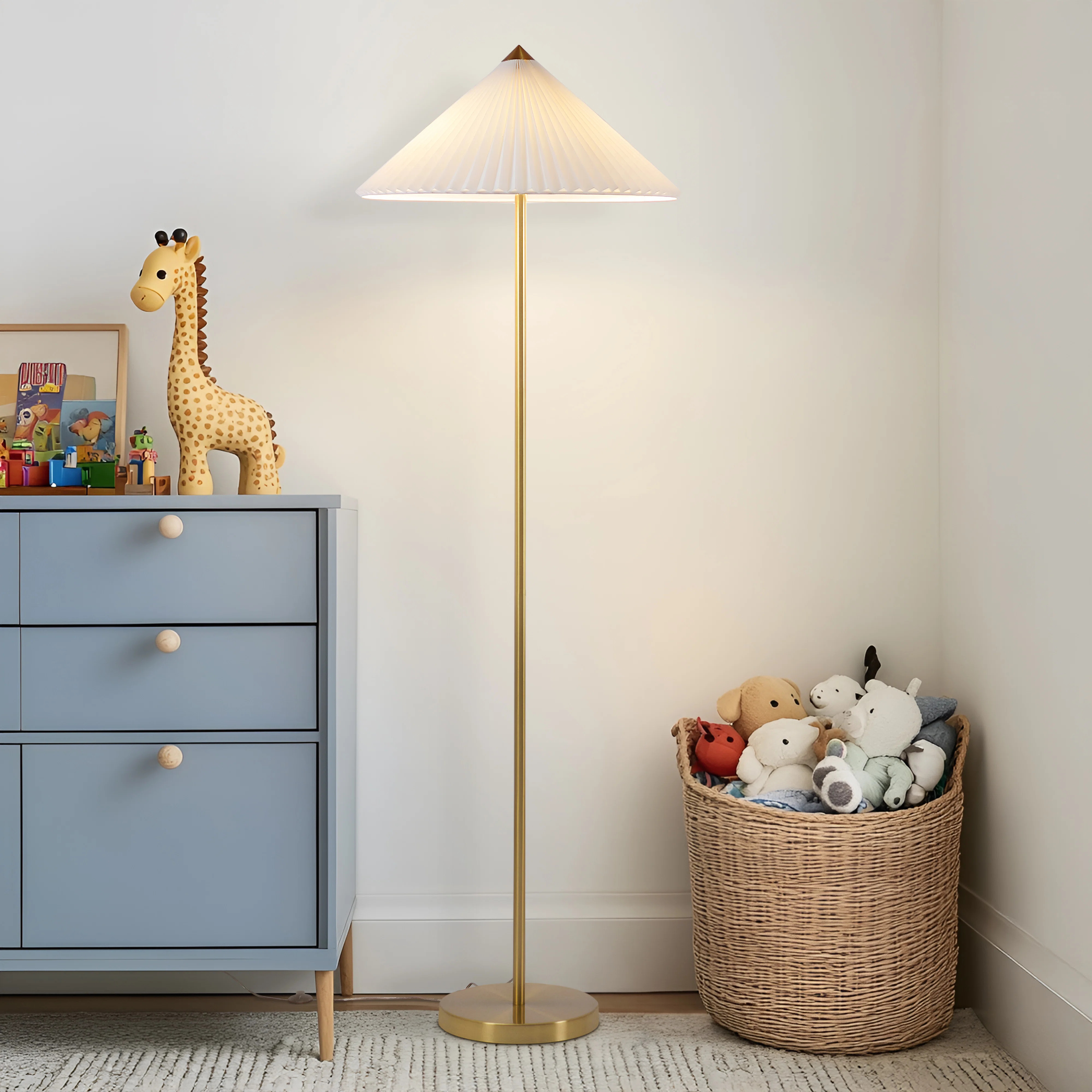 Sienna 62" Japandi-Inspired LED Gold Floor Lamp With White Pleated Cone Shade | Wayfair North America