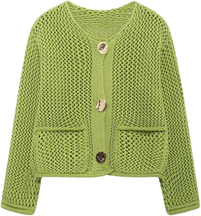 Cropped Cardigan Sweaters for Women Gold Button Down Cardigans Chunky Knit Jacket Open Front Outw... | Amazon (US)