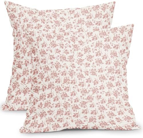 Vintage Floral Pillow Covers 18x18 Inch Pink and Cream Block Print Outdoor Decorative Throw Pillo... | Amazon (US)