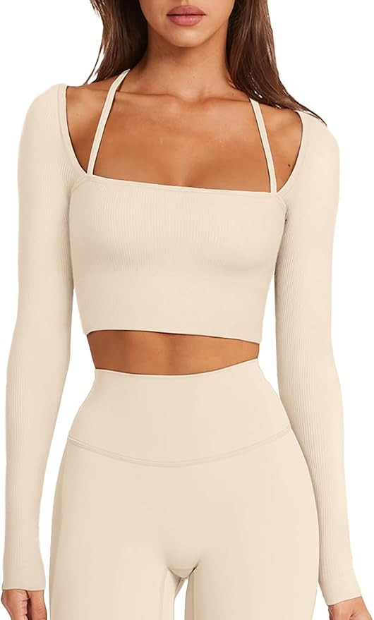 LASLULU Womens Sexy Square Neck Crop Top Ribbed Seamless Long Sleeve Workout Tops Halter Neck Ath... | Amazon (US)