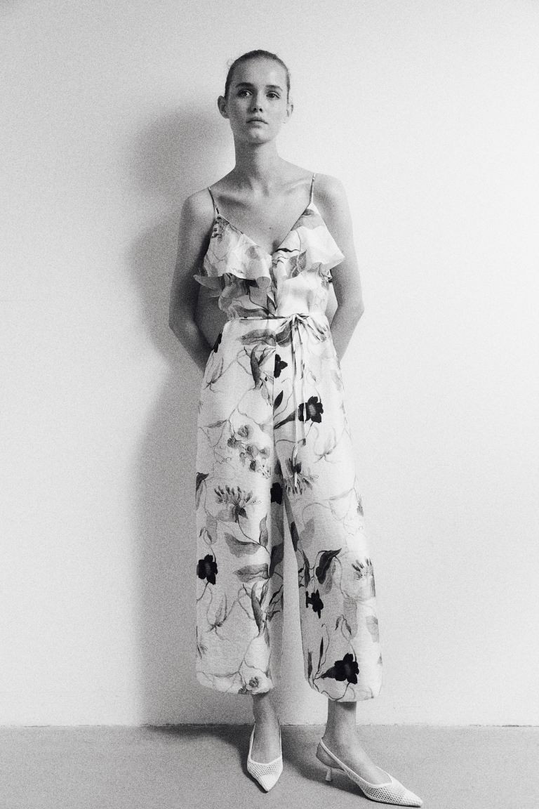 Flounce-trimmed Jumpsuit - V-neck - Sleeveless - White/green floral - Ladies | H&M US | H&M (US + CA)