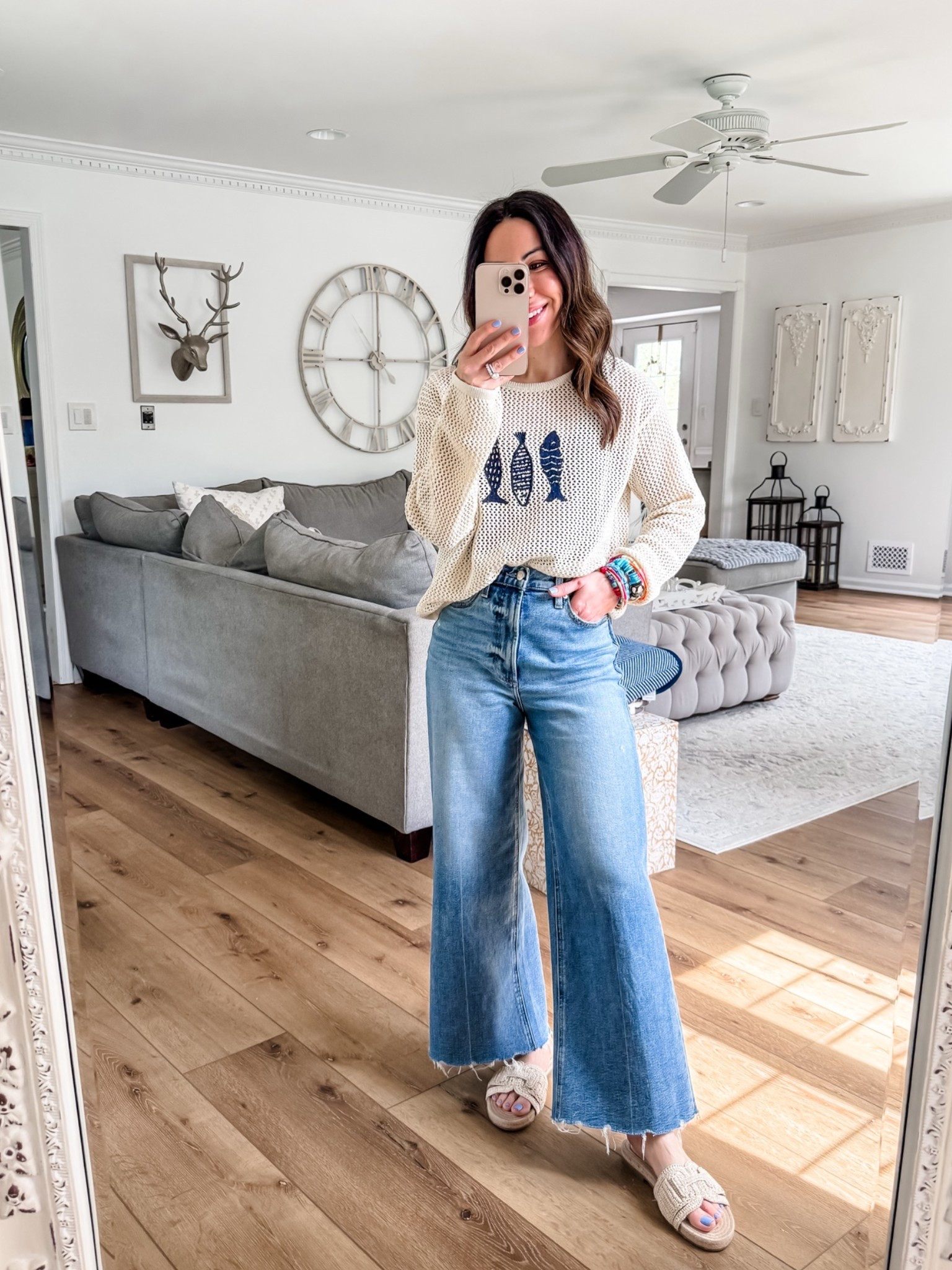 Sweater small. Wide leg jeans. I sized up to a 26. Sandals TTS. Pistola jeans.

#LTKSaleAlert #LTKOver40 #LTKPetite