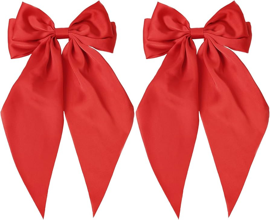 Furling Pompoms Hair Bows for Women - Pack of 2 Red Hair Bow Clips for Girls Satin Big Bows Long ... | Amazon (US)