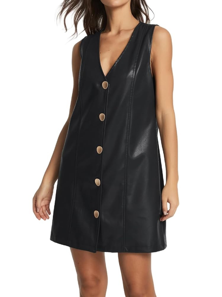 Women Faux Leather Mini Dress Sleeveless V Neck Button Down Pinafore Dress | Amazon (US)