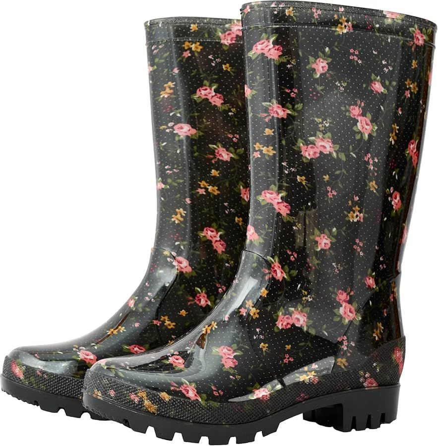Rain Boots for Women, Black Waterproof Mid Calf, Non Slip Garden Shoes | Amazon (US)