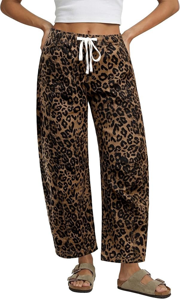 GRAPENT Barrel Jeans for Women Trendy High Waisted Pull On Wide Leg Cropped Leopard Cheetah Print... | Amazon (US)