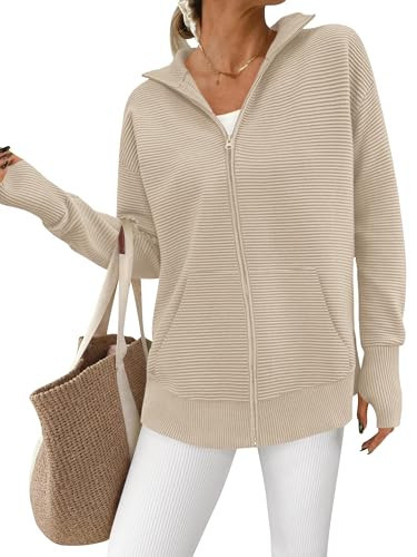 PRETTYGARDEN Womens Fall 2025 Long Sleeve Zip Up Cardigan Sweaters Casual Loose Collared Ribbed Knit Tops Jackets Thumb Hole(Light Khaki,Small) | Amazon (US)