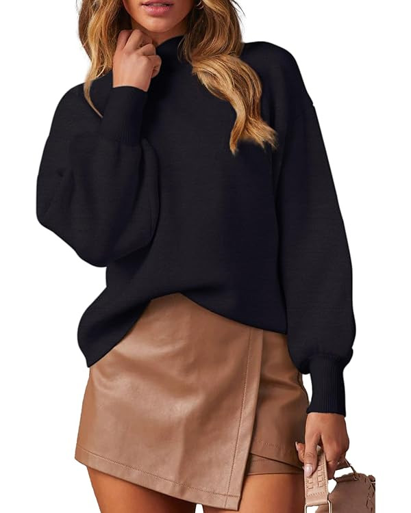 WEACZZY Women's Casual Mock Neck Long Lantern Sleeve Sweaters 2024 Fall Oversized Ribbed Knit Pul... | Amazon (US)