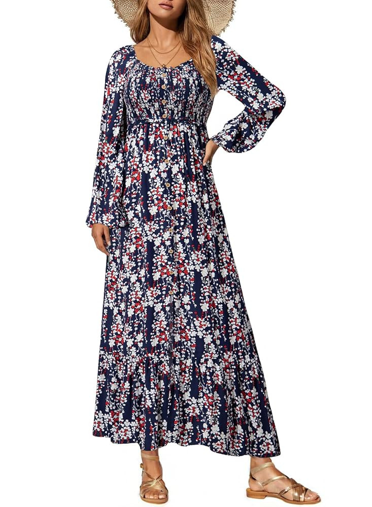 Dokotoo Fall Dresses for Women 2025 Boho Floral Smocked Empire Waist Square Neck Long Sleeve Butt... | Amazon (US)