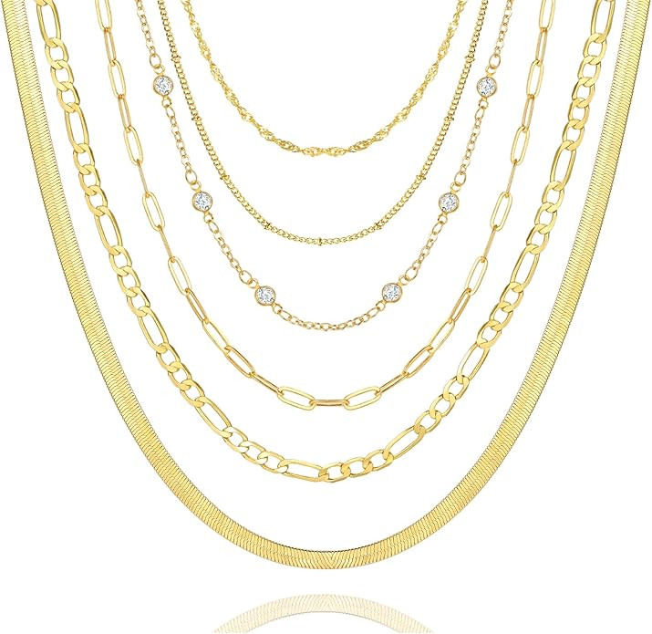 FAXHION 6PCS Gold Layered Chain Necklaces for Women,18k Gold Dainty CZ Choker Necklace Trendy, Ad... | Amazon (US)