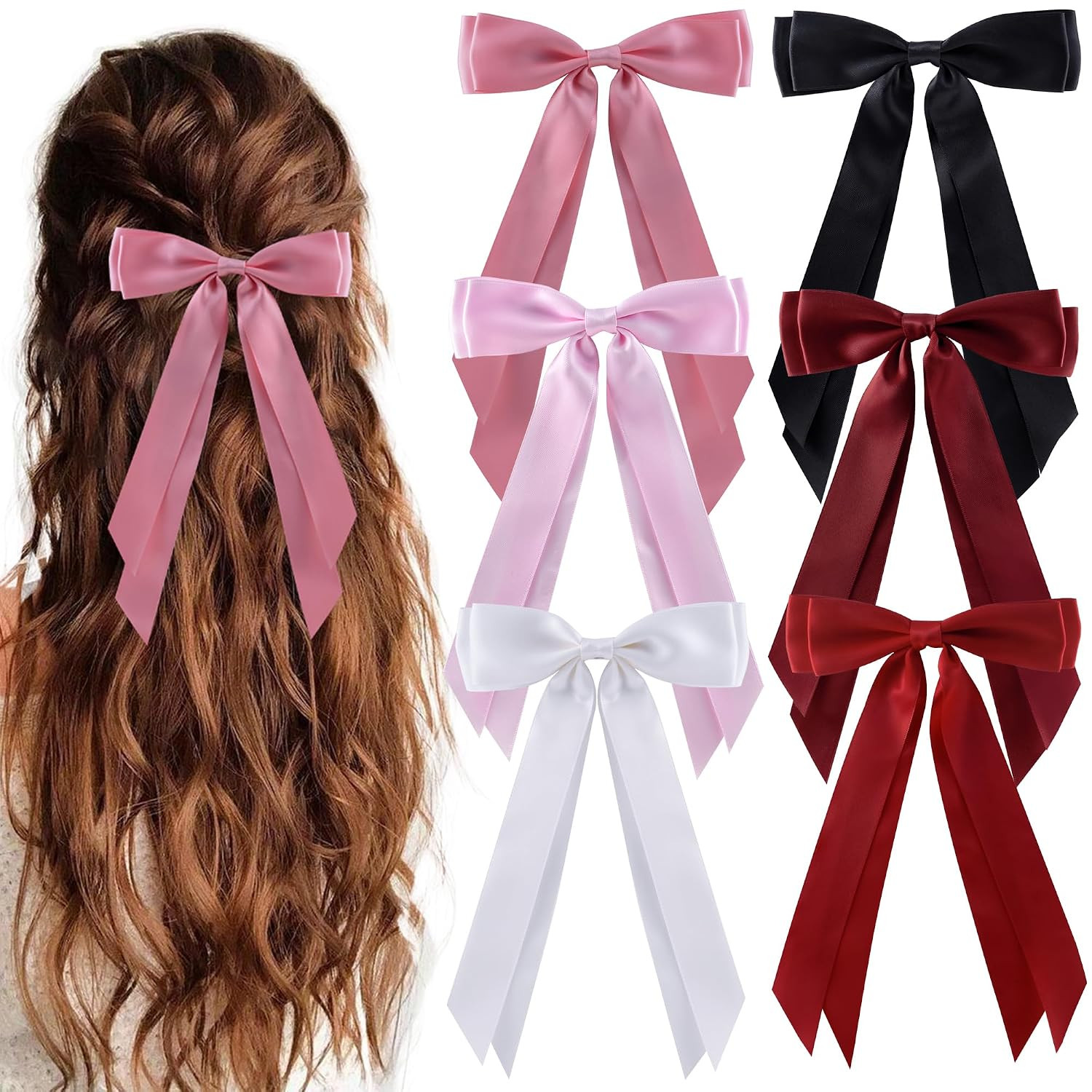 6Pcs Hair Bows Clips for Hair Silky Satin Ribbon Alligator Barrettes French Hair Ponytail Holders Cute Accessories for Women Girls(Black/White/Pink/Red) | Amazon (US)