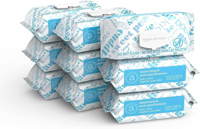Amazon Elements Baby Wipes, Unscented, 810 Count, Flip-Top Packs | Amazon (US)
