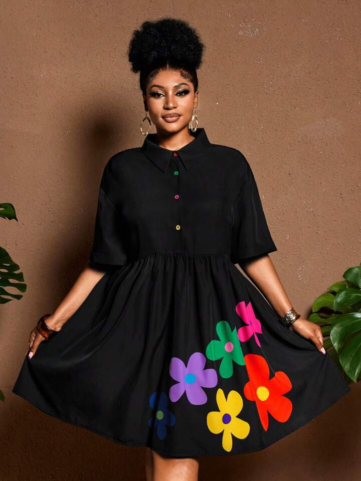 Maweii Plus Size Women Shirt Collar Cartoon Floral Vacation Casual Dress, Summer | SHEIN