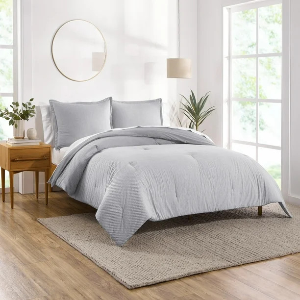 Gap Home Yarn Dyed Washed Chambray Stripe Reversible Organic Cotton Comforter Set, Full/Queen, Gr... | Walmart (US)
