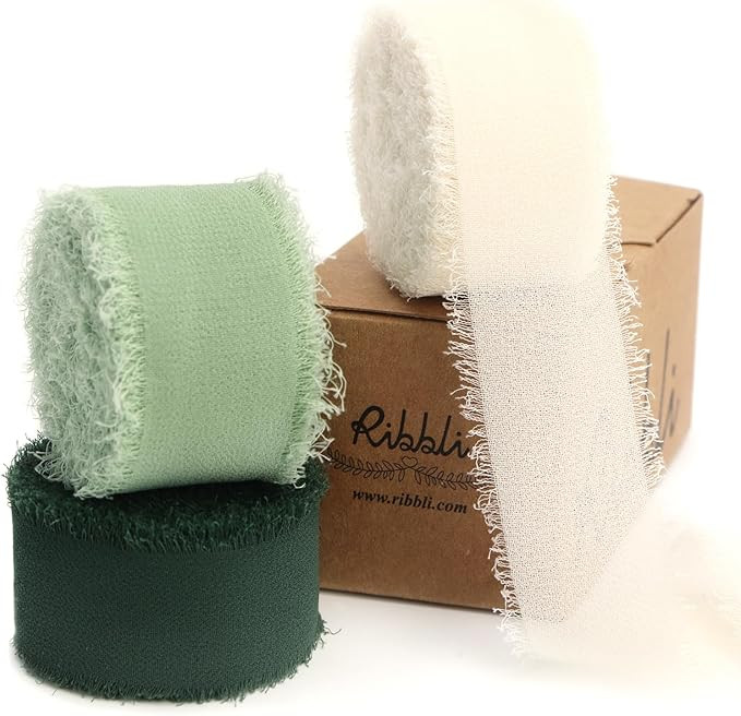 Ribbli Green Ribbon 1 Inch x 3 Rolls Total 24 Yards Ivory/Sage/Forest Green Handmade Fringe Chiff... | Amazon (US)
