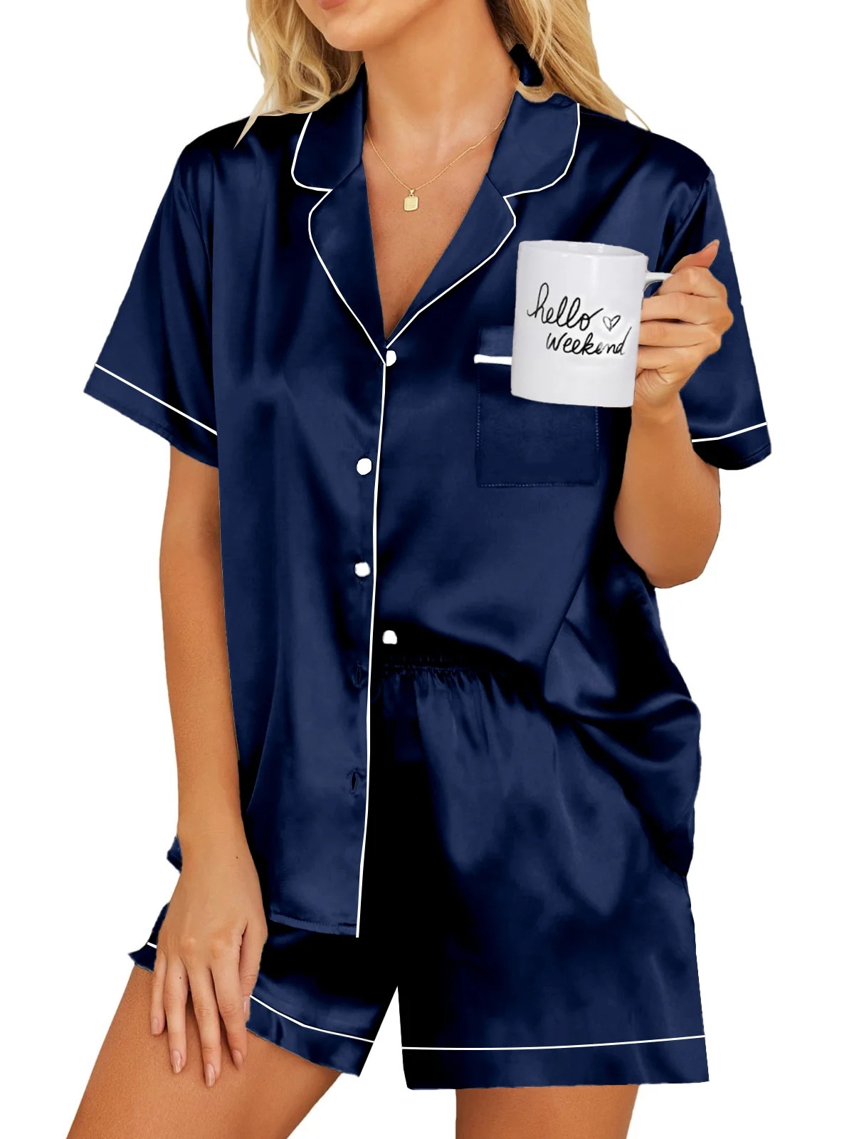 DAKIMOE Womens Silky Satin Pajama Set Short Sleeve Shirt with Shorts 2 Piece Pjs Sets Soft Silk S... | Walmart (US)