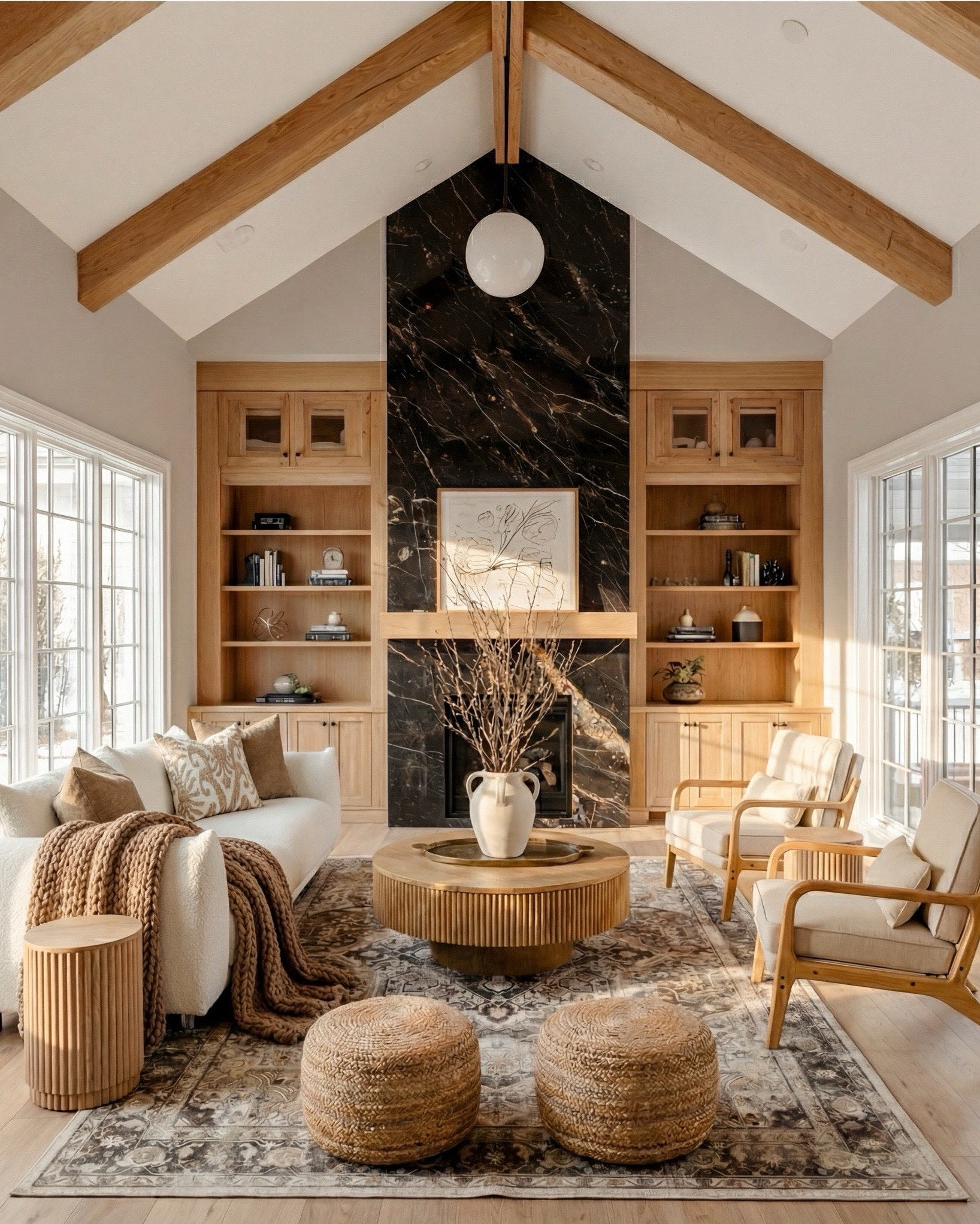 Shop the Look:
• White boucle curved sofa
• Fluted round wood coffee table
• Fluted honey-oak side table
• Oversized chunky knit throw in caramel brown
• Neutral patterned and solid throw pillows
• Natural oak accent chairs with cream cushions
• Woven round jute poufs
• Vintage-washed neutral area rug
• Black marble fireplace surround
• Large white ceramic vase with branches
• Light oak built-ins with modern styling decor
• Globe pendant ceiling light

#LTKSaleAlert #LTKSpringSale

#LTKsale #LTKhome