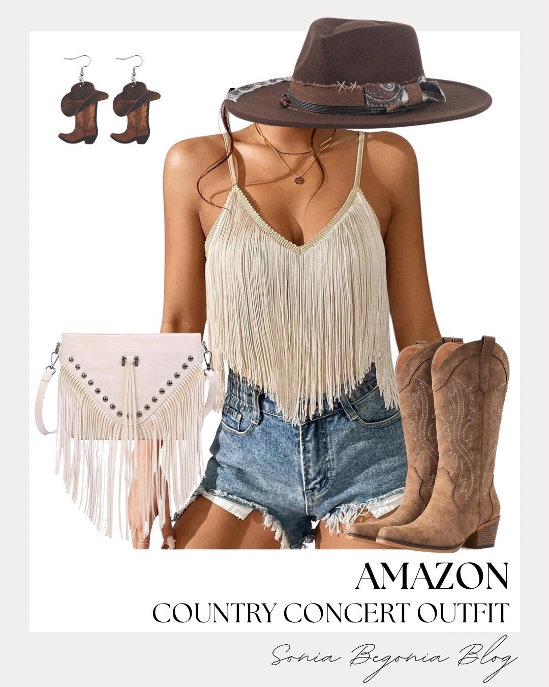 Festival-ready Western chic! 🤠

I styled a cream fringe cami top with distressed denim shorts and brown suede cowboy boots for the ultimate country concert outfit.

Accessorized with a fringe crossbody bag, brown felt hat, and cowboy hat statement earrings. ✨

#AmazonFashion #CountryConcertOutfit #WesternStyle #CowgirlBoots #ConcertOOTD #LTKunder50 #AmazonFinds #WesternFashion

#LTKootd #LTKSeasonal