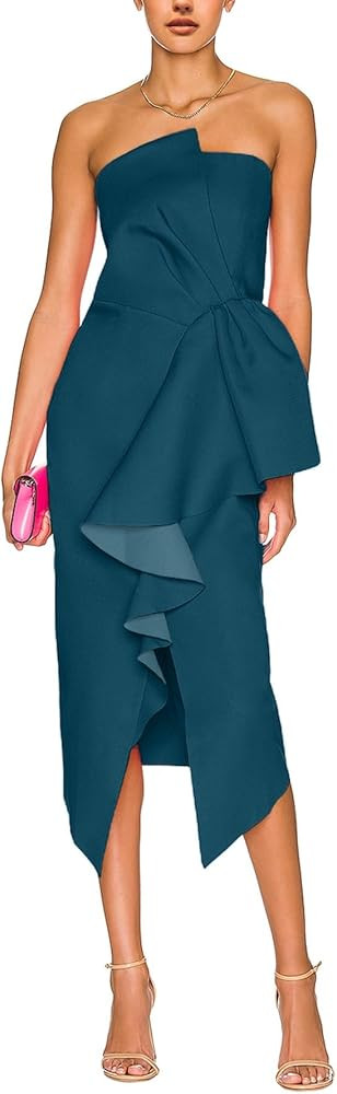 Simplee Women‘s Sexy Elegant Strapless Cocktail Midi Dress Fall Wedding Guest Ruffle Ruched Bod... | Amazon (US)