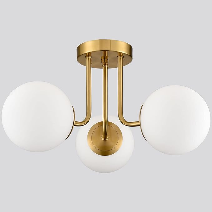 SHAWNKEY Modern Brass Gold 3-Light Ceiling Light with Globe White Glass Shade Semi Flush Mount Ce... | Amazon (US)