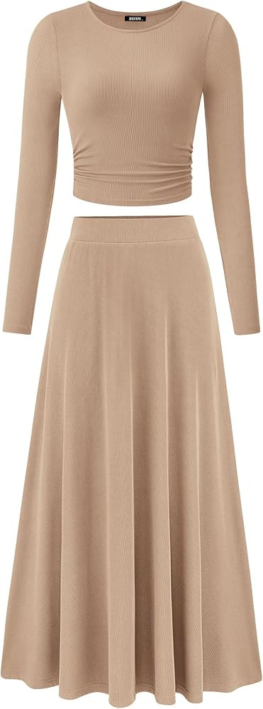 BTFBM Two Piece Skirt Sets For Women 2024 Trendy Fall Outfits Ribbed Knit Long Sleeve Crop Top Fl... | Amazon (US)