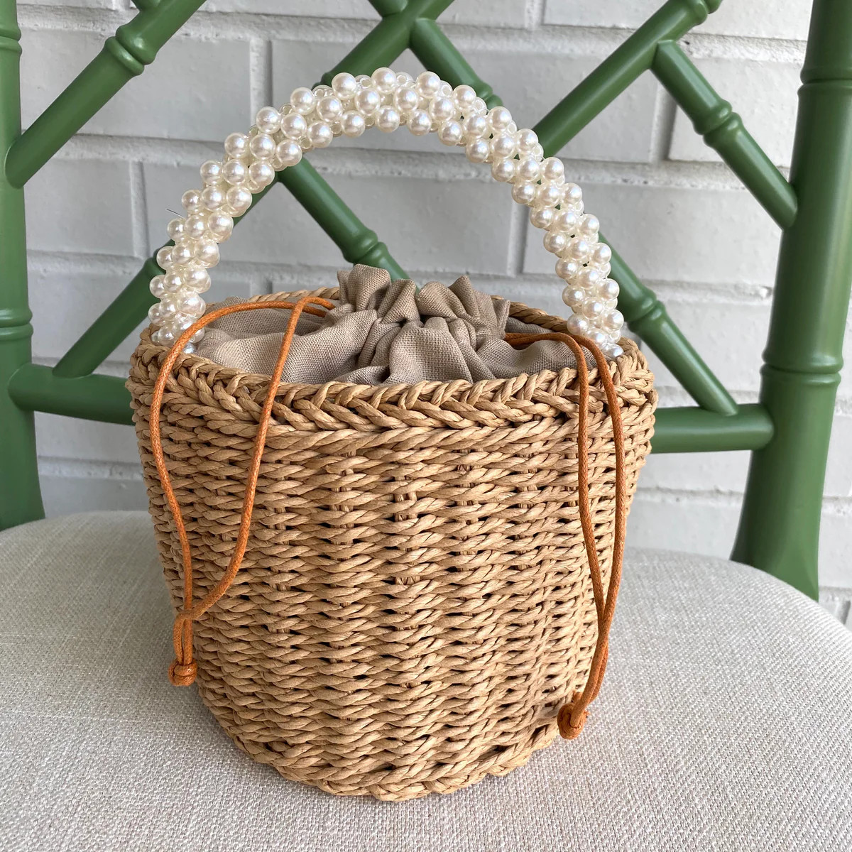 Pearl Handle Petite Straw Bucket Bag | Sea Marie Designs