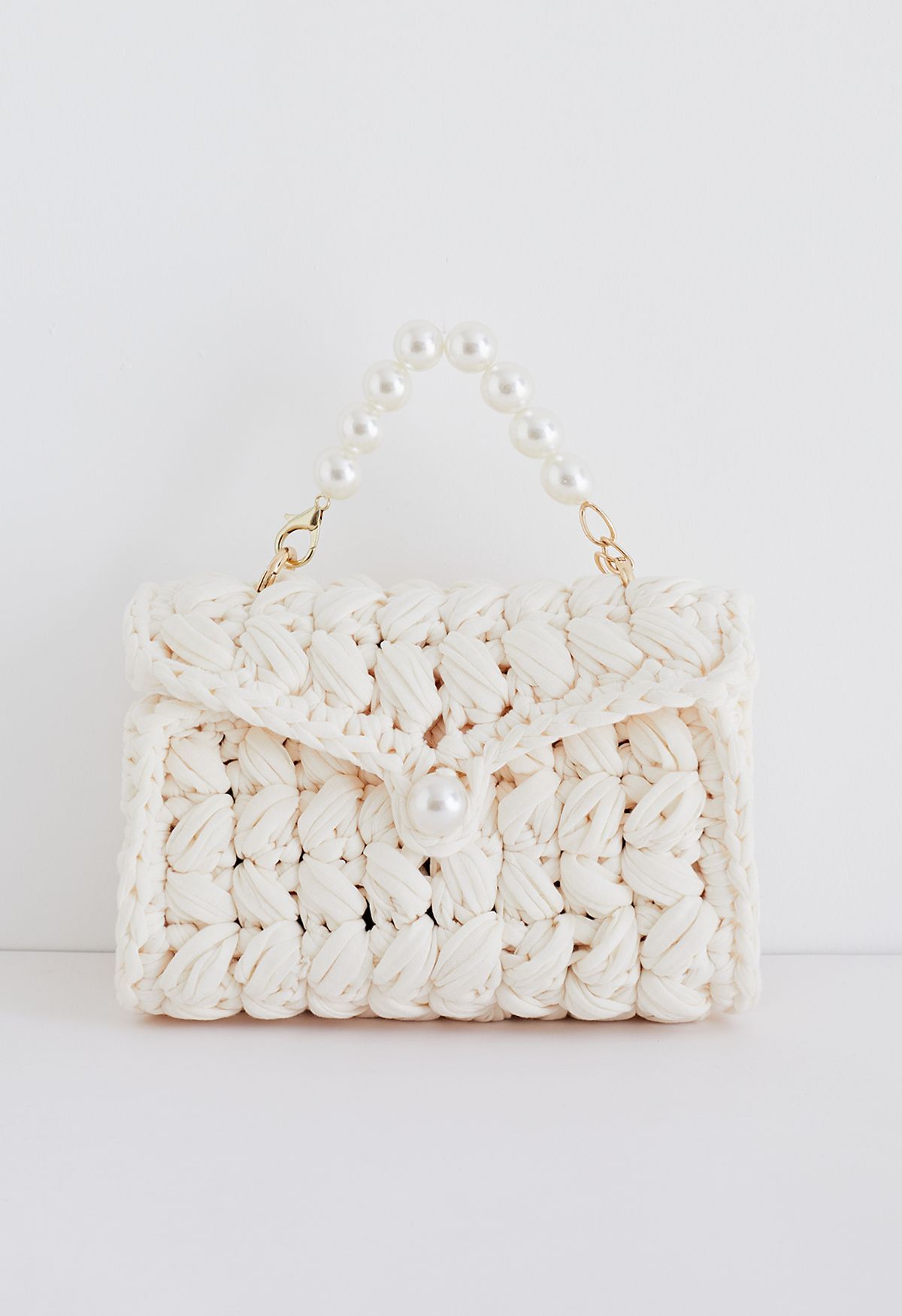 Pearl Chain Braided Chunky Knit Mini Bag in Cream | Chicwish