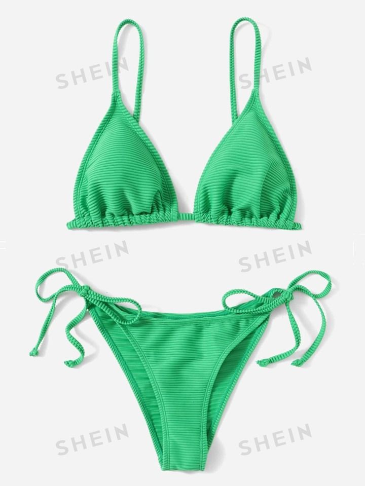 SHEIN Swim Summer Beach Ribbed Bikini Set Tie Back Triangle Bra Top & Tie Side Bikini Bottom 2 Pi... | SHEIN
