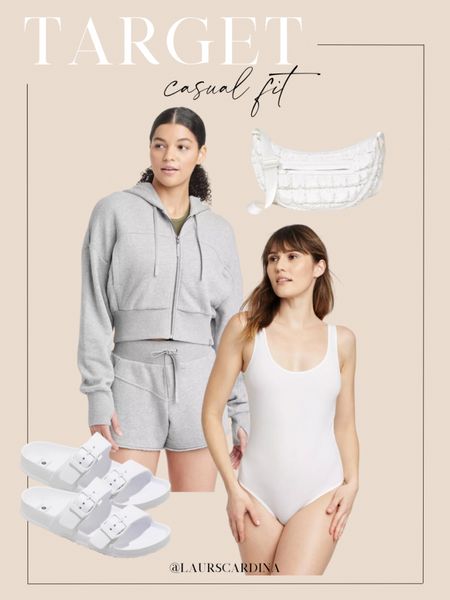 This casual fit from Target includes a gray zip up sweatshirt with matching sweat shorts, a white bodysuit, white sandals (Birkenstock look for less) and a white quilted crossbody. 

Ootd, athleisure, spring outfit, Target outfit

#LTKshoecrush #LTKmidsize #LTKfindsunder50