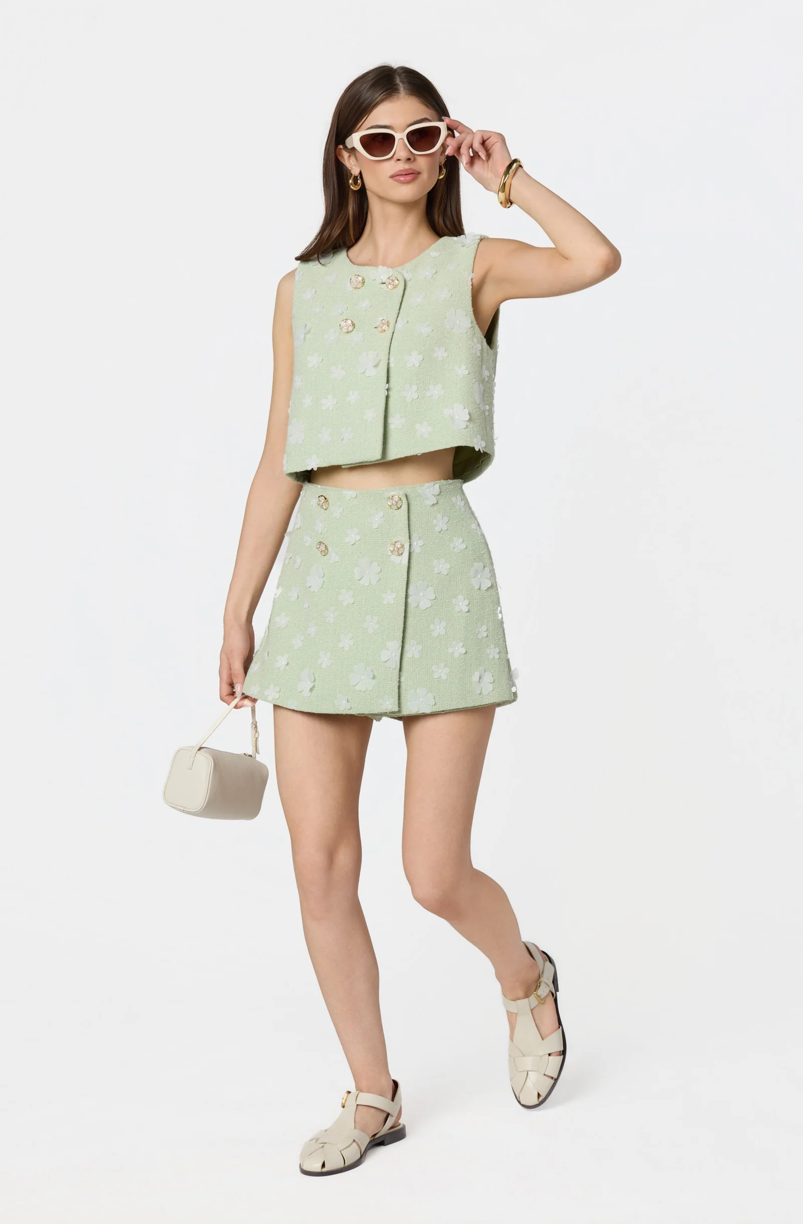 Janell Floral Applique Tweed Skort - Mint / XS | ASTR The Label (US)