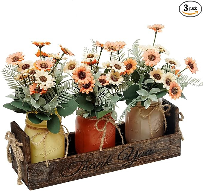DUOER Mason Jar Centerpiece for Table Decorative Wood Tray with 3 Painted Jars Rustic Farmhouse D... | Amazon (US)