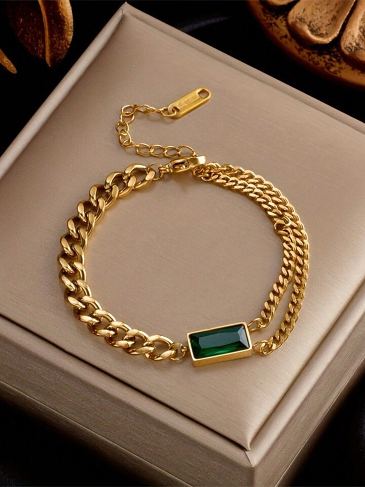 1pc Stainless Steel Green Cubic Zirconia Stacked Chain Hip Hop Bracelet For Women, Suitable For D... | SHEIN