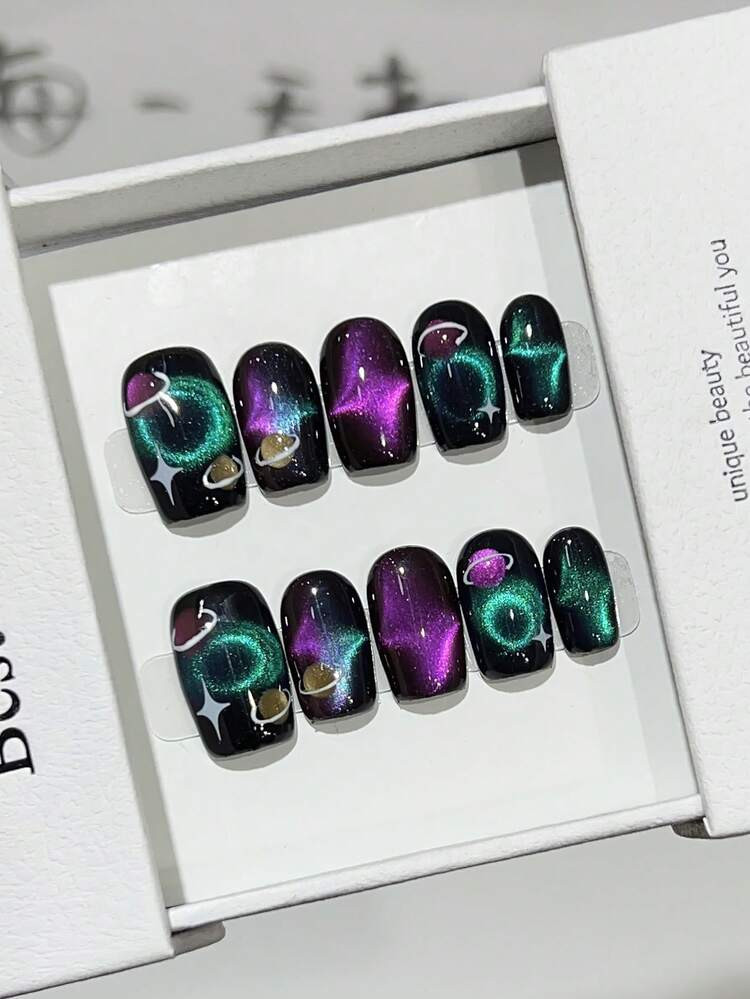 10pcs Summer Sweet Cool Hot Girl Y2K Cat Eye Handmade Acrylic Press On Nails Short Square Fake Nails With Jelly Glue And Nail File, DIY Nail Art Supplies For Valentine's Day Music Festival School Travel | SHEIN