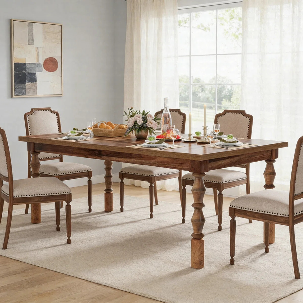 62" Rectangle Farmhouse Dining Table With Carved Turned Legs \u2013 Kitchen & Dining Table For 4-... | Wayfair North America