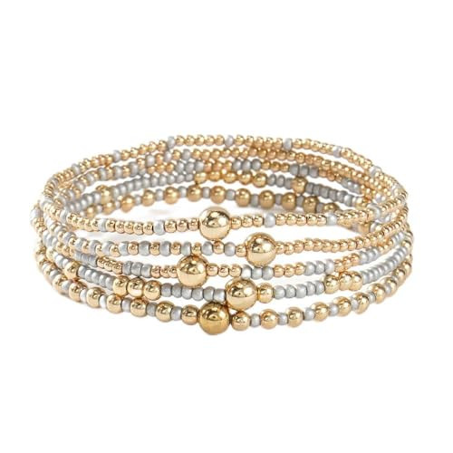 SHINUS BOHO Dainty Gold Ball Beaded Bracelet Stack for Women,Bohemian Cute Stretch Silver Seed Beads Stackable Bracelets Set Fashion Prom Holiday Jewelry Accessories Gift Friendship | Amazon (US)