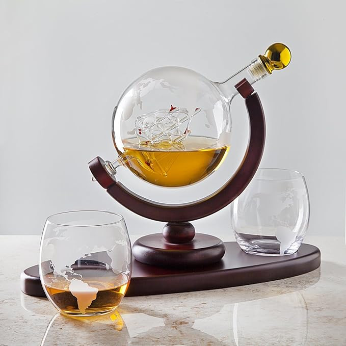 Whiskey Decanter Globe Set with 2 Etched Whiskey Glasses - for Liquor Scotch Bourbon Vodka, Gifts... | Amazon (US)