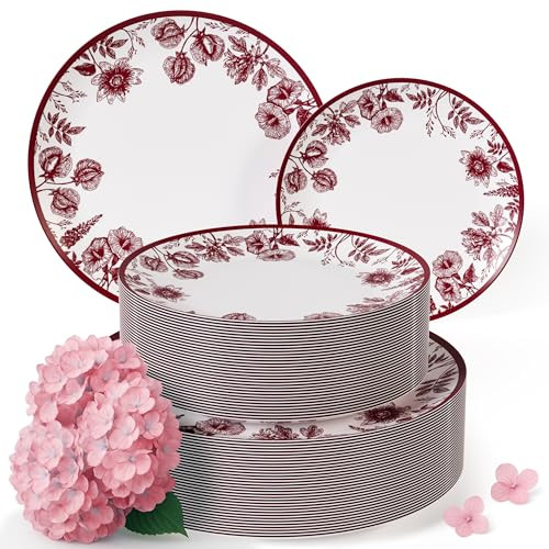 Trendables Disposable Plates for Party Supplies | Burgundy Floral Plastic Plates for Wedding 40 Pcs - 20 X 8 & 20 X 10 Dinner Plate Sets | Floral Plate Set Disposable Plastic Dinnerware Sets | Amazon (US)
