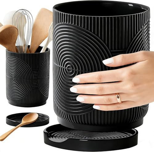 Swkien Utensil Holder, 7.2" Kitchen Utensil Holder for Counter, 2-in-1 Ceramic Cooking Utensils Holders with Spoon Rest, Utensil Crock for Spatula, Ideal Housewarming Gift (Black) | Amazon (US)