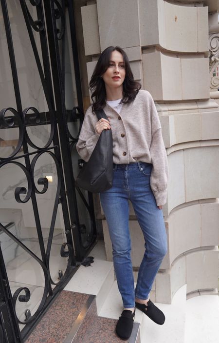 cardigan by French Connection 
Jeans by French Connection via Marks & Spencer 
suede clogs by Marks & Spencer 
cotton modern tee by Marks & Spencer 
leather shoulder bag by Marks & Spencer 

#LTKstyletip #LTKeurope #LTKSeasonal