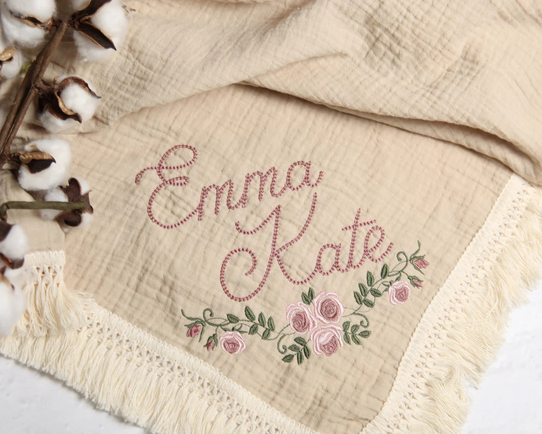 Personalized Embroidered Baby Muslin Swaddle Blanket With Name and Rose Floral Design, Organic Co... | Etsy (US)
